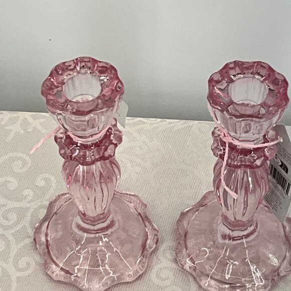 Pink Glass Talking Tables Candle Holders 5.5" Tall Set/2 - Picture 3 of 5